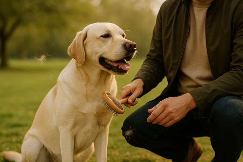 Dog owner brushing Golden Labrador with slicker brush in park setting demonstrating regular home grooming maintenance